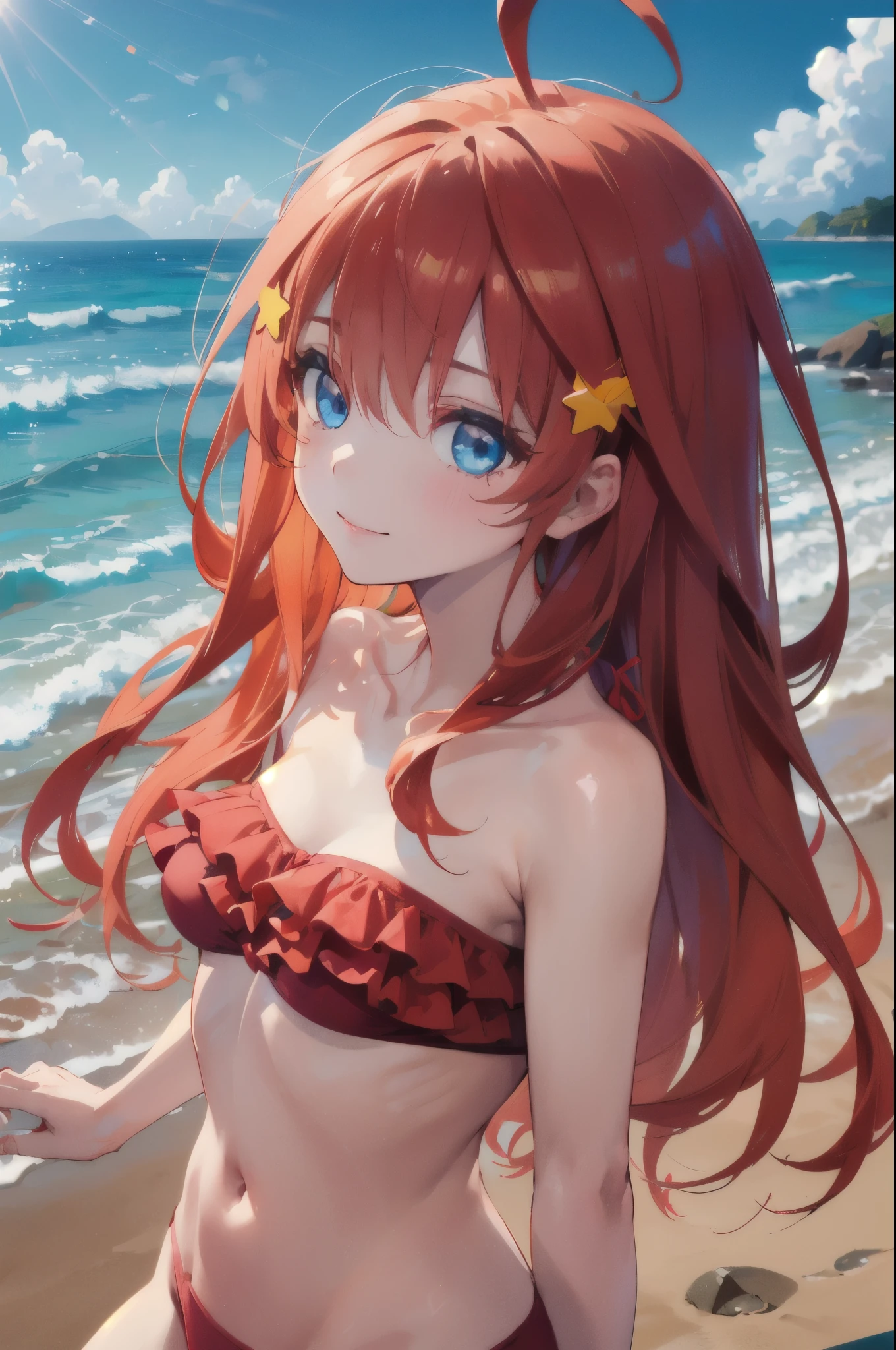 masterpiece, best quality, 8k, anime, wide shot, looking at viewer, (model posing:1.5), (red frilled-bikini:1.5), (frilled-bandeau:1.5), (bikini bottom is non-frilled:1.3), sunlight, itsuki nakano, long hair, ahoge, star hair ornament, bangs, smile, blue eyes, hair between eyes, redjuice hair,  (beautiful detailed eyes:1.3), extremely detailed face, perfect lighting, (perfect hands, perfect anatomy), on beach, sunny day, sand, ocean view, extremely detailed, UHD, 4k, award-winning, sharp focus,