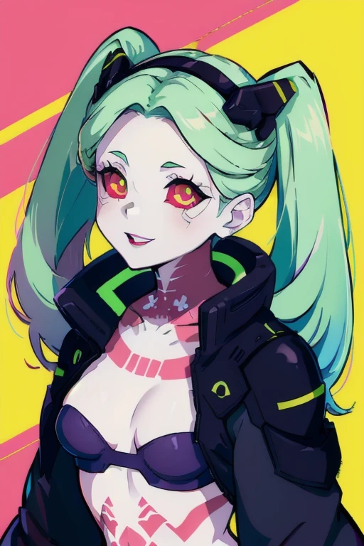 absurdres, highres, ultra detailed, rebecca, , solo, green hair, red sclera, pink tattoo, purple lips, twintails, hairband, headgear, black jacket, open clothes, black bra, upper body, looking at viewer, smile, parted lips, yellow background