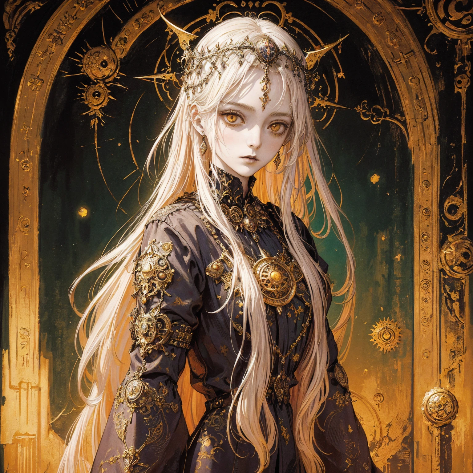Art of a Woman Wearing a Sun Crown, (((Occult art))), Very detailed goddess ancient art, Sacredness. Very detailed, Mysterious inspiration, Inspiration from the Sun God, (Faded pictures :1.2), Snob face, Full body portrait, (Gothic art style, Weird art style :1.3), faded colors
