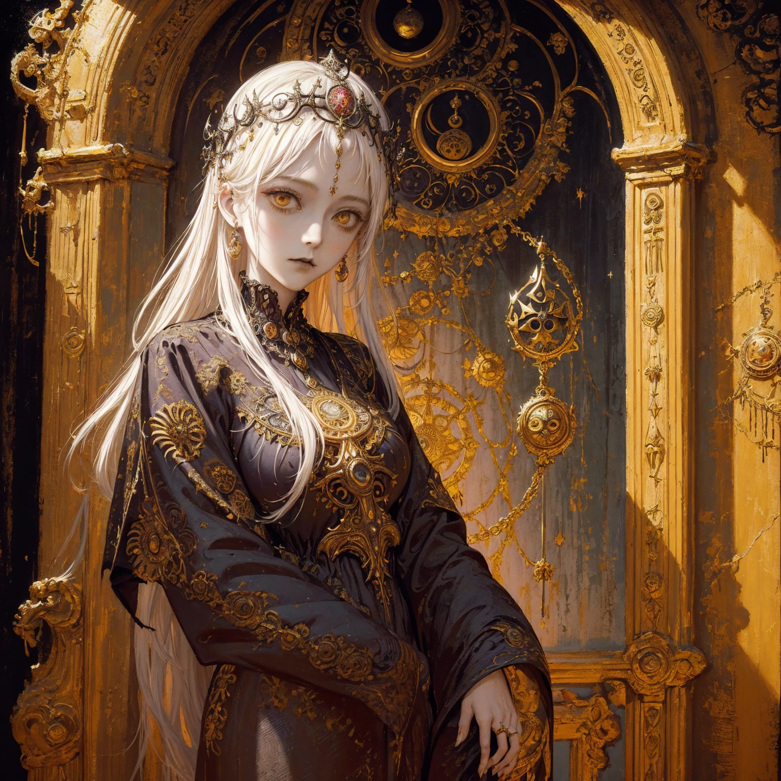 Art of a Woman Wearing a Sun Crown, (((Occult art))), Very detailed goddess ancient art, Sacredness. Very detailed, Mysterious inspiration, Inspiration from the Sun God, (Faded pictures :1.2), Snob face, Full body portrait, (Gothic art style, Weird art style :1.3), faded colors