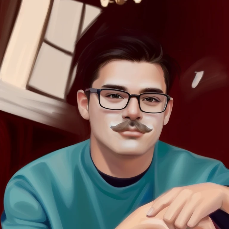 There was a man wearing glasses and a mustache sitting at the table., high quality vertical, Portrait NFT, cartoon digital painting, Portrait of digital illustration, digital portrait, Realistic digital drawing, digital art images, 2D portrait, Digital Cartoon Art, High-quality digital paintings, photorealistic, Stylish vertical style, Realistic art style, Realistic art style