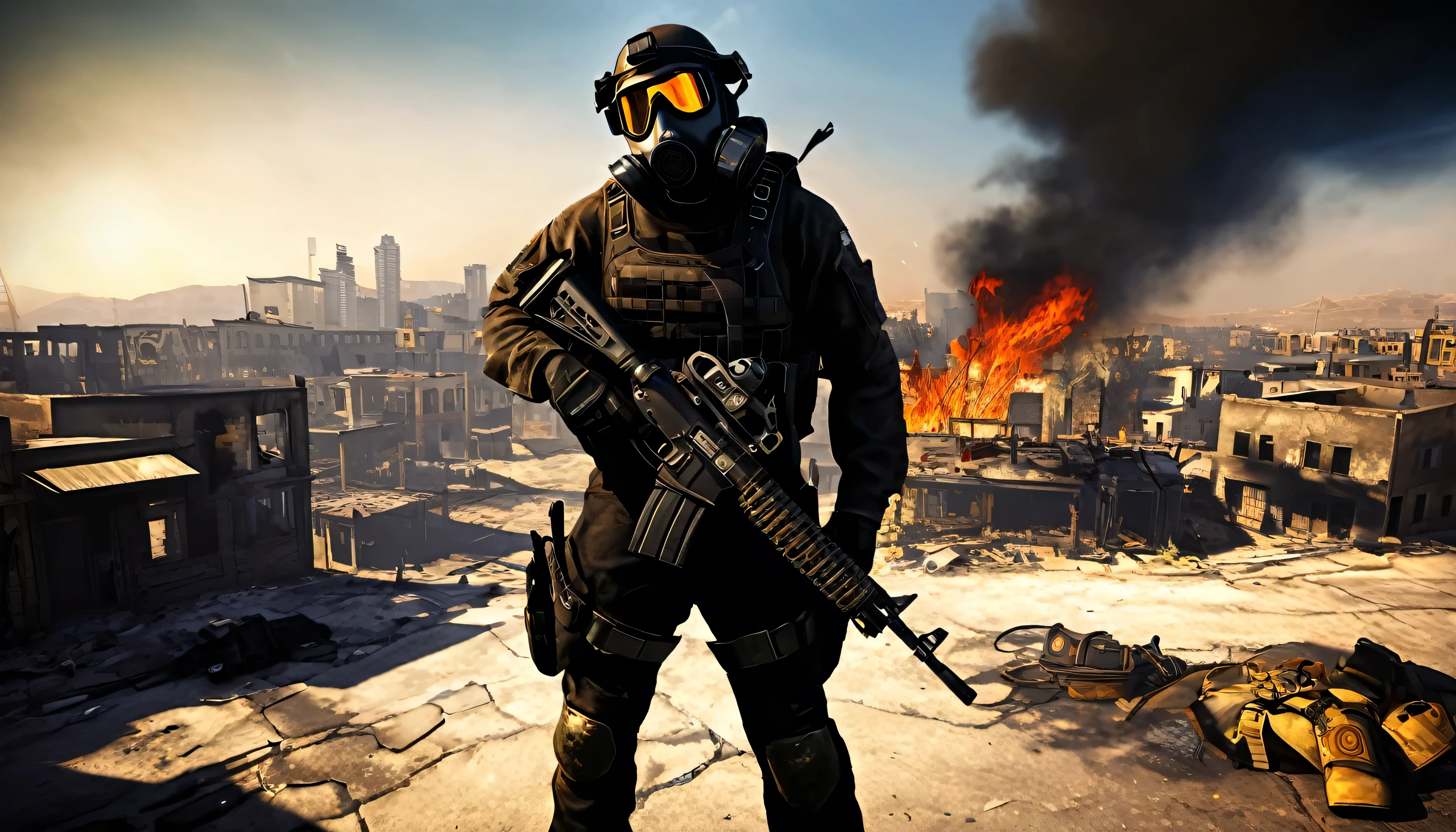 STAR15 Mod, (masterpiece), (highest quality), (Super detailed), (Best illustrations),(Best Shadow), View Viewer, Cowboy Shot, Background of a destroyed city in flames, Tactical equipment, Tactical Pouch, (gas mask:0.8), Tactical Armor, Assault rifle, Handgun in a holster, (Frowning:1.3)