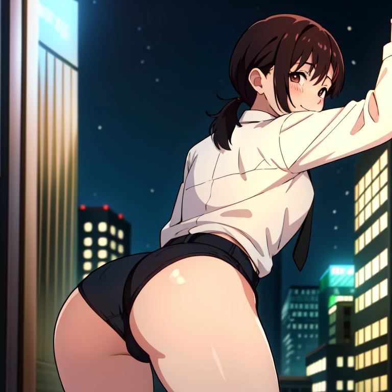 absurdres, highres, ultra detailed, she wants to order, kobeni, single sidelock, makima, short shorts, white shirt, hair between eyes, smile, white collared shirt, black panties, formal, foreshortening, ass, city