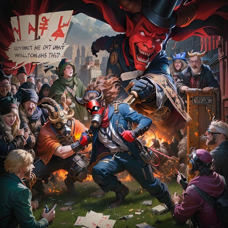 A vibrant, chaotic illustration filled with satirical imagery. A devil wearing a crown surrounds a group of people, including a manwith two nines and two aces. A goat-headed figure is yelling "Satan will surround us!!!" while another character shouts "Close the gate!". A person stands on an "atas" (a high platform), holding a gas mask. People are hastily hiding their clothes, while another character assures them, "No worries!!!" Felix, presumably a character in the scene, is depicted as a superhero figure, stating he won't tie anyone down. A Chekist figure is labeled as an "idiot," and a chaotic cityscape can be seen in the background. The overall tone of the illustration is lighthearted, yet bold and vivid., photo
