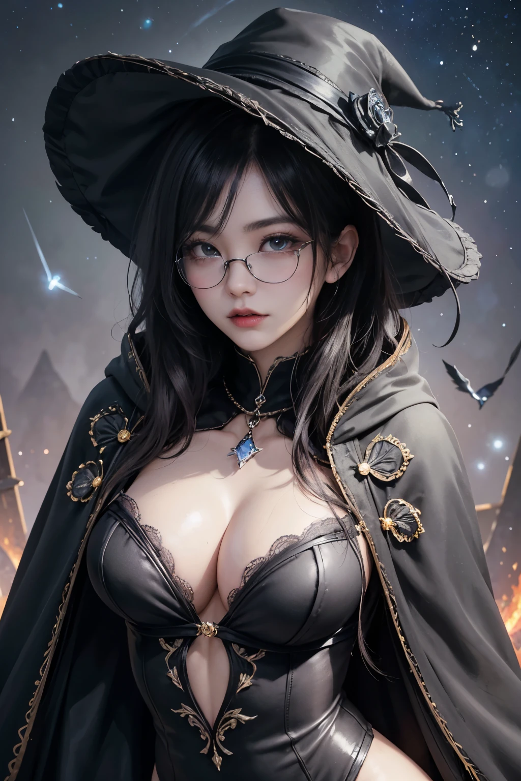 (Fatal Beauty,A charming villain,witch) ,(A supple and powerful physique),(Sensual charm),(Mysterious charm:1.1),(Captivating silhouette),((((Glasses))))、((((big sapphire necklace))))、(highest quality,High resolution:1.2),(dark,Threatening:1.1),((dark horror theme:1.5),(Thriller:1.5)),(Dark fantasy:1.5),  (((Countless stars fly away:1.5),(Absurd:1.5),(wonderful:1.5))),Woman in a dress, (Powerful numbers:1.1),(((Big Breasts))),(((Muscular:1.1))), cute face, Sexy Face, , Very detailedなbeautiful女の子, (Ideal body type:1.8), Very detailed faceexpressive lips, (Very beautiful、Crisp big eyes:1.5), Fine skin., All features are shown in detail., The outline of the fingers is beautifully drawn....., The nose is precisely shaped., expressive lips, Perfect Anatomy,cute、Realistic、(Front view:1.4),(Face Focus:1.3), realistic girl rendering, 8k artistic german bokeh, Enchanting girl, Real Girls, Gurwitz, Gurwitz-style artwork, Girl Roleplay, Realistic 3D style, cgstation Popular Topics, 8K Portrait Rendering,(truth，truth：1.4),Sexy Body,( Very lean body:1.6),Sexy pose, blush, Attractive body, Very curly hair, Purple Curly Hair, very big hair, Very curly hair, prime color,Urban,Very detailed,masterpiece,Intricate details,Faded,Very detailed, Eye for details,Intricate details,Dark and spooky atmosphere,  Spiritual Beings, Unforgettably beautiful, Ghostly figures, Shadow-like shape, Spooky whispers, Ominous Aura, Goth Maiden,  Like dazzling fur in a starless haze,Her Mogul Snaps, Mysterious Cemetery,Black hair swaying in the moonlight, She summons darkness, (beautiful: 1.7), (Black Hat: 1.6), (An intricately decorated jet-black cloak: 1.6), (Delicately decorated cloak, Despite the damage: 1.5), Hypermaximalist,  Breathtaking oil paintings, Surreal, Ultra-realistic digital illustrations that mimic the style of oil paintings, Wonderful configuration,  (Shining Eyes:1.6)、(Glowing Eyes:1.1),(hellish landscape:1.1),(fire,sulfur:1.1),(Threatening atmosphere:1.1),(dark shadows,Threatening pre