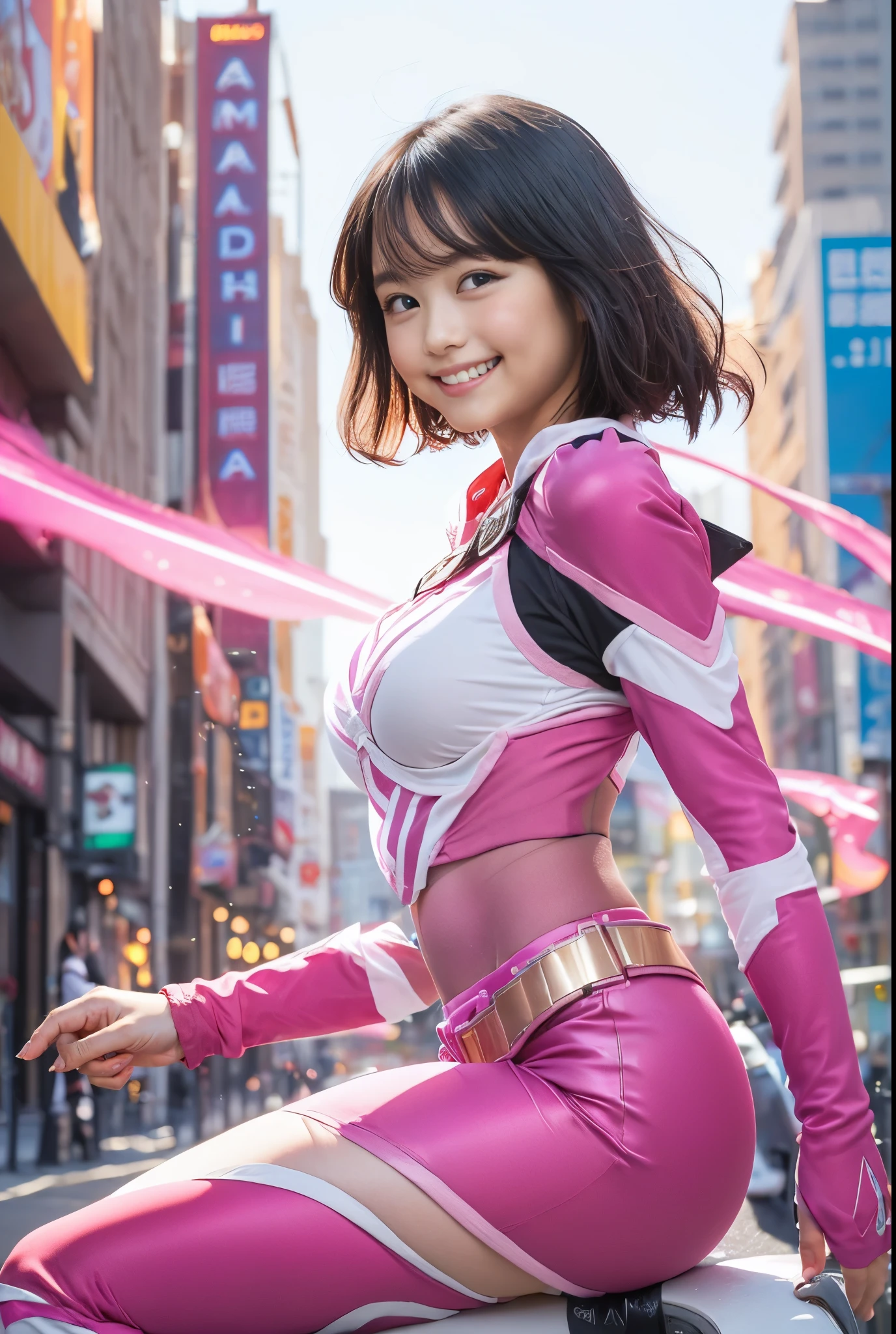 (8k、Raw photography、highest quality、masterpiece:1.2),(Black Hair、Dark Eyes:1.9),(Pink Ranger:1.6)、View your audience,Viewed from the front,White skin,(:1.6)、(Tight waist:1.6)、(Clothes that accentuate the shape of the :1.0)、(Big BreSlim figure、Ultigh resolution,beautiful,beautiful fece,(one person、No background:1.9),whole bodyボディー,Japanese women,(reality的:1.37)、Photon Mapping,reality、(Baby-faced and cute: 1.4)、(Cute Smile: 1.8)、(Round face: 1.8)、Radio City、Physically Based Rendering、Depth of field rally background、photograph, (I can see your knees、Thigh close-up:1.8),(:1.6),whole body、Great quality