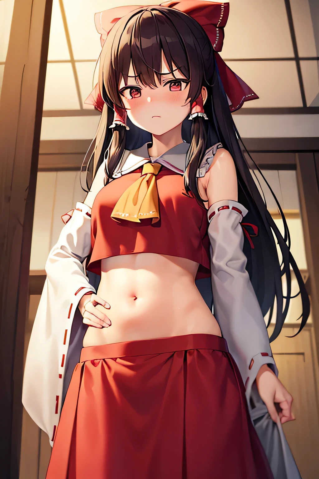 super fine illustration, vibrant colors, masterpiece, sharp focus, best quality, depth of field, cinematic lighting, ultra detailed, blush, annoyed, belly button, hips, shrine maiden, hakurei reimu, 1girl, hair bow, ascot, hair tubes, detached sleeves, looking down, red shirt, red skirt, long skirt, long hair, dark brown hair, indoors, mature woman,