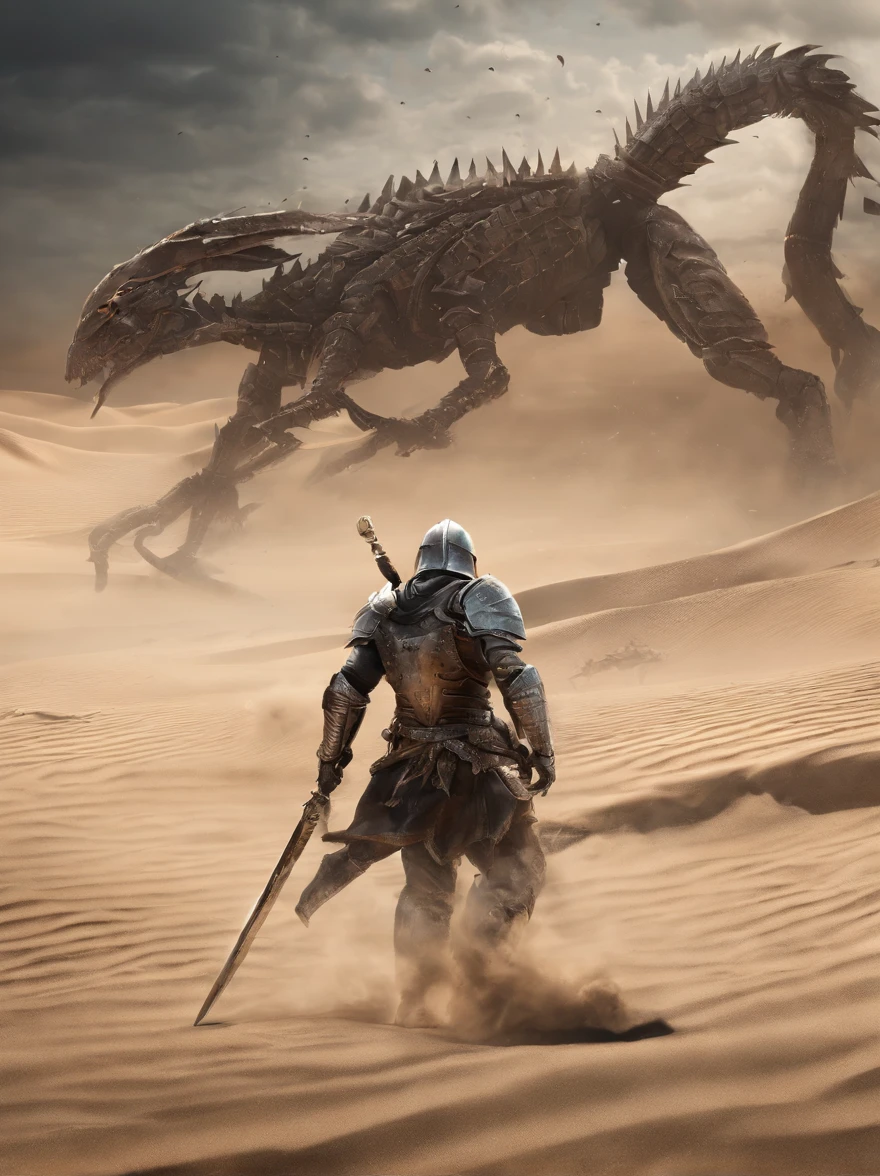 a highly detailed digital painting of a knight crusader fighting a huge monster scorpion on the sands of the middle eastern desert, extremely realistic, intricate armor, detailed facial features, dramatic lighting, warm desert colors, cinematic composition, dramatic action pose, detailed scorpion anatomy, sand effects, volumetric lighting, dust particles, photorealistic, 8k, masterpiece