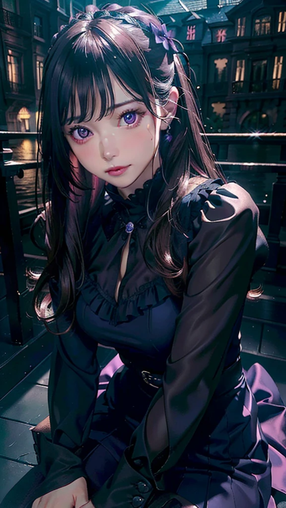 (Best Quality,4k,8K,hight resolution,Masterpiece:1.2),Ultra-detailed,(Realistic,Photorealistic,photo-realistic:1.37), Vivid colors, Dark atmosphere, soft-lighting, Beautiful, Wide Detail ((violet eyes)), handsome body, nice feet, pink blouse, dark knee-length long skirt, soft colors, long dark hair, Youthful appearance, confident expression, Stylish outfit, dark tights, nylon, Background of the mansion, delicate features, cinematic  composition, mysterious aura, detailized face.