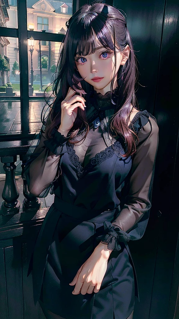 (Best Quality,4k,8K,hight resolution,Masterpiece:1.2),Ultra-detailed,(Realistic,Photorealistic,photo-realistic:1.37), Vivid colors, Dark atmosphere, soft-lighting, Beautiful, Wide Detail ((violet eyes)), handsome body, nice feet, pink blouse, dark knee-length long skirt, soft colors, long dark hair, Youthful appearance, confident expression, Stylish outfit, dark tights, nylon, Background of the mansion, delicate features, cinematic composition, mysterious aura, detailized face.