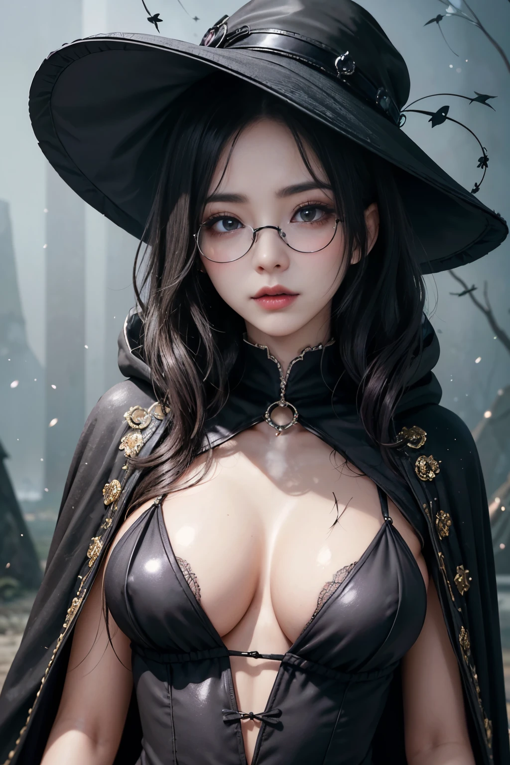 (Fatal Beauty,A charming villain,witch) ,(A supple and powerful physique),(Sensual charm),(Mysterious charm:1.1),(Captivating silhouette),((((Glasses))))、((((big sapphire necklace))))、(highest quality,High resolution:1.2),(dark,Threatening:1.1),((dark horror theme:1.5),(Thriller:1.5)),(Dark fantasy:1.5),  (((Countless stars fly away:1.5),(Absurd:1.5),(wonderful:1.5))),Woman in a dress, (Powerful numbers:1.1),(((Big Breasts))),(((Muscular:1.1))), cute face, Sexy Face, , Very detailedなbeautiful女の子, (Ideal body type:1.8), Very detailed faceexpressive lips, (Very beautiful、Crisp big eyes:1.5), Fine skin., All features are shown in detail., The outline of the fingers is beautifully drawn....., The nose is precisely shaped., expressive lips, Perfect Anatomy,cute、Realistic、(Front view:1.4),(Face Focus:1.3), realistic girl rendering, 8k artistic german bokeh, Enchanting girl, Real Girls, Gurwitz, Gurwitz-style artwork, Girl Roleplay, Realistic 3D style, cgstation Popular Topics, 8K Portrait Rendering,(truth，truth：1.4),Sexy Body,( Very lean body:1.6),Sexy pose, blush, Attractive body, Very curly hair, Purple Curly Hair, very big hair, Very curly hair, prime color,Urban,Very detailed,masterpiece,Intricate details,Faded,Very detailed, Eye for details,Intricate details,Dark and spooky atmosphere,  Spiritual Beings, Unforgettably beautiful, Ghostly figures, Shadow-like shape, Spooky whispers, Ominous Aura, Goth Maiden,  Like dazzling fur in a starless haze,Her Mogul Snaps, Mysterious Cemetery,Black hair swaying in the moonlight, She summons darkness, (beautiful: 1.7), (Black Hat: 1.6), (An intricately decorated jet-black cloak: 1.6), (Delicately decorated cloak, Despite the damage: 1.5), Hypermaximalist,  Breathtaking oil paintings, Surreal, Ultra-realistic digital illustrations that mimic the style of oil paintings, Wonderful configuration,  (Shining Eyes:1.6)、(Glowing Eyes:1.1),(hellish landscape:1.1),(fire,sulfur:1.1),(Threatening atmosphere:1.1),(dark shadows,Threatening pre