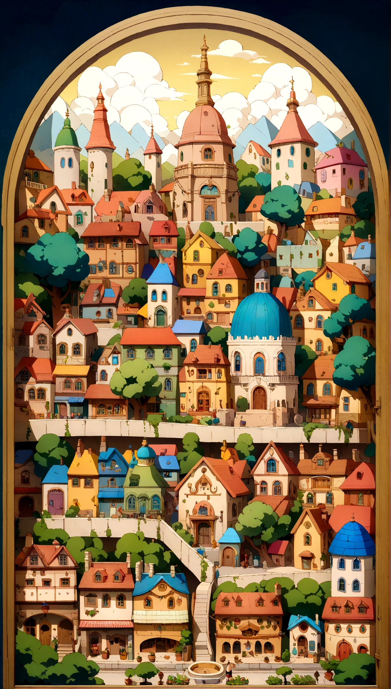 A highly detailed anime-style still art, Ghibli studio style, masterpiece, official art, professional, ((ultra-detailed)), 8k, ((Not show people)),
A city in a bottle, a miniature city, pop and colorful houses,