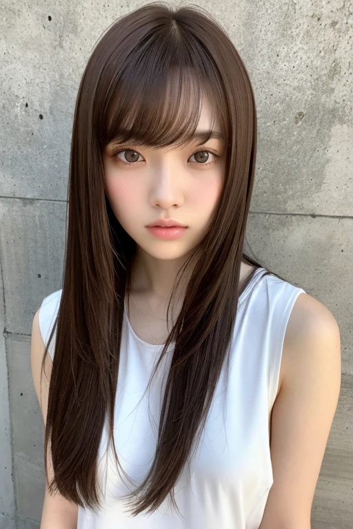 1 girl、Brown Hair、Straight Bangs、Medium Hair、Concrete walls and floors、Transcendental Silence、22 years old、White Fashion、Depth of written boundary、Absurd、Hmph、Ultra-detailed illustrations、Highly detailed face、Raw photo、Film Grain、deviantart Trends