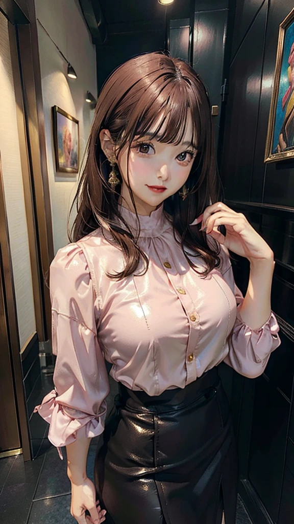 1lady solo, walking slowly, (pink gold blouse) (leather skirt), mature female, /(reddish brown hair/) bangs, light smile, (masterpiece best quality:1.2) delicate illustration ultra-detailed, large breasts BREAK (holding pouch) BREAK (corridor of high-end restaurant:1.2) indoors, (wall adorned with beautiful art), detailed background