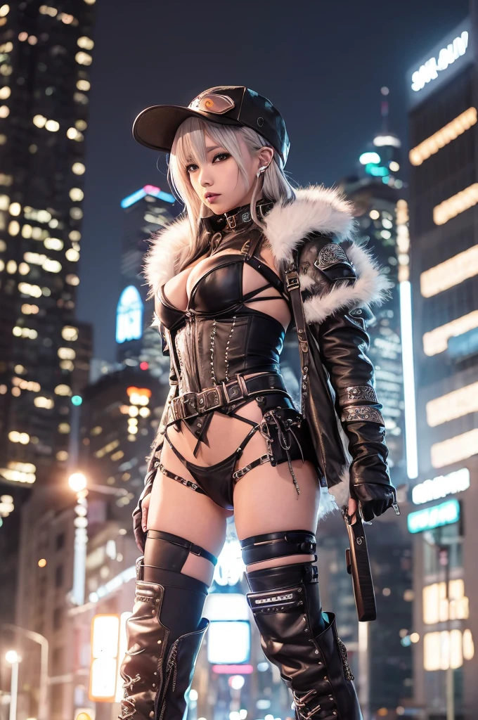 サイバーpunk、woman、wild、black、Erotic、sexy、metal、silvery white、Brown、copper、Armor、hat、goggles、punk、Future、Neon city at night、boots、cold、cool