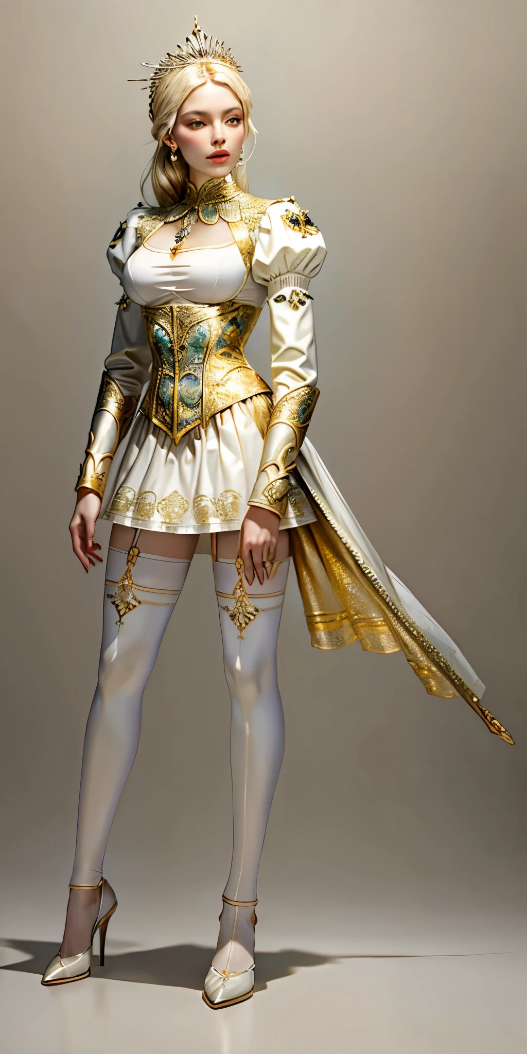 masterpiece, best quality photo, a beautiful medieval queen warrior wears breastplate armor on chest, renaissance inspired top clothes with breastplate armor:1.3, decorated with gold and jewel,  ornate top clothes, disney inspired very large puffy sleeves:1.3 , snow_white puffy sleeve:1.2, mini_skirt, white pantyhose with garter_belt, high_heel, extremely beautiful face, medium large breast,  