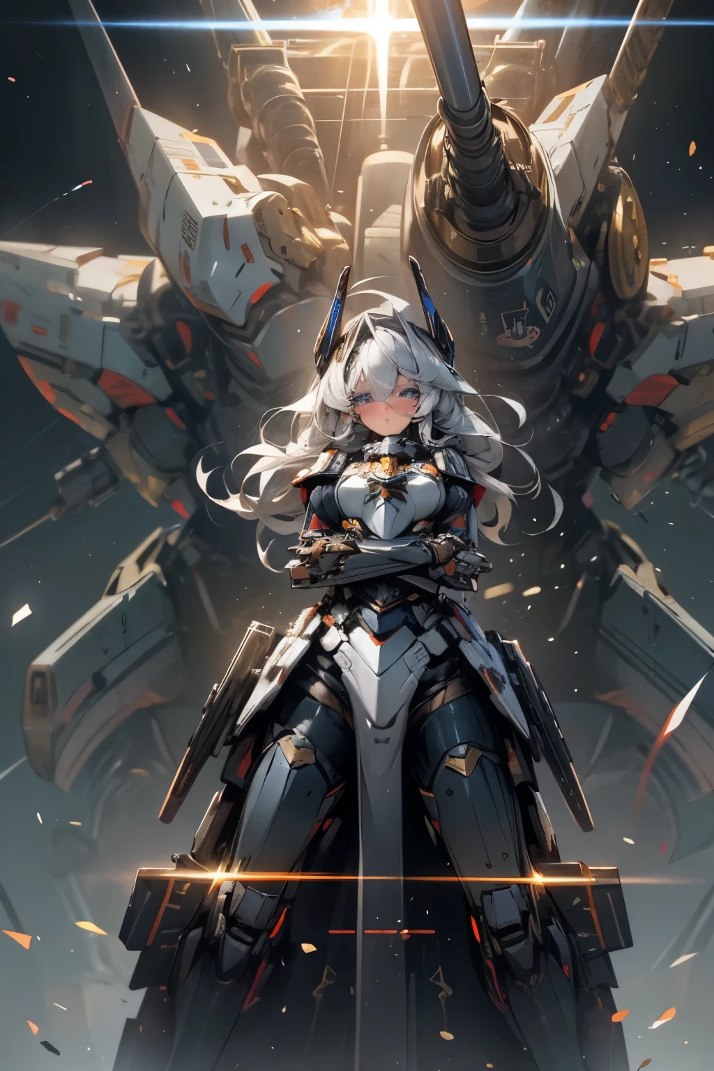 (masterpiece),highest quality,Super detailed,8k,Transistor Grammar,Girl,Silver Hair,Blue Eyes,Expressionless,gigantic breast,Long Hair,Loose curls,Heavy Armor,Missile Pod,Two cannons,Gatling Gun,Vulcan cannon,Gun Blade,Missile Box,Electromagnetic Barrier,Giant arm,booster,Countless cables,Shotgun,Countless machine guns,generator,Over-technology,Super Heavy Armor,Powered Suit,Decisive Weapon,Rail Cannon,One Man Army,Vulcan cannon,Over-spec,cyborg,Integration,Air Combat,Thruster,Diva Suit,,Mechanical Armor,(Heavy equipment:1.5),The chest is open,(Symmetrical:1.6)