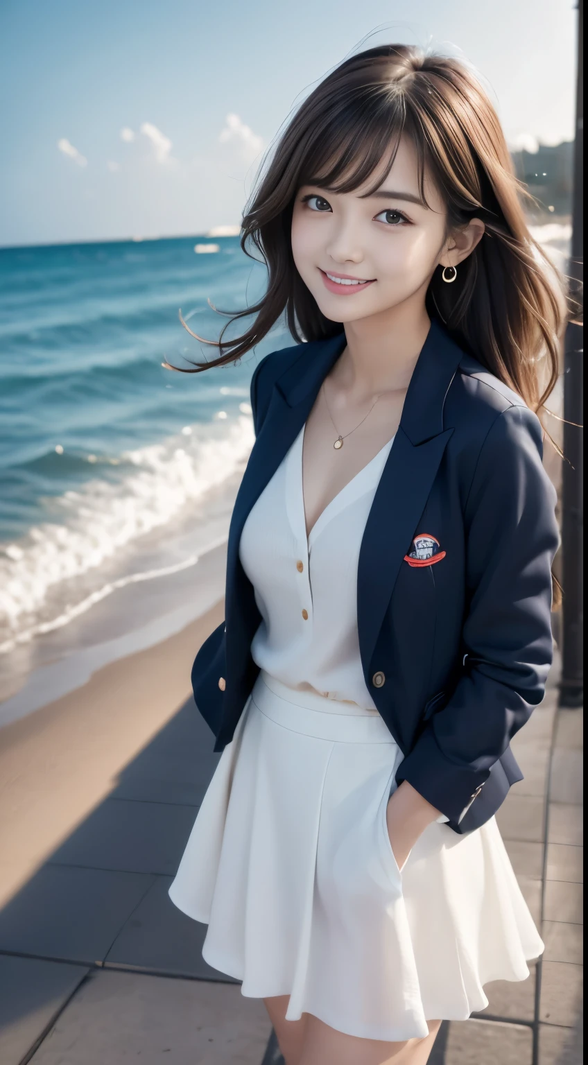 Woman standing in the sea as the sun rises、Sea at dawn、(Wearing a navy blue blazer、Wearing a white blouse、Wearing a red flared skirt)、Wearing pumps、The wind is blowing、A bag is hanging from the right shoulder、Beauty、20-year-old、university student、Uniform, cool-looking eyes、Well-balanced proportionedium build、Small face、Small breasts、Small Ass、The neck is short、Uniform left and right eyes、, black hair, long hair, messy hair, floating hair, earrings, parted lips, happy, seductive smile, symbol-shaped pupils, Surrealism, Verism, cinematic lighting, first-person view, f/1.2, Nikon, UHD, best quality, highres, 8k, anatomically correct, textured skin, high details