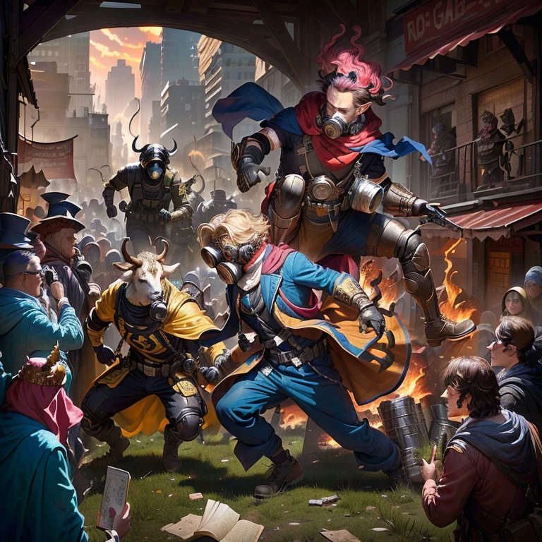 A vibrant, chaotic illustration filled with satirical imagery. A devil wearing a crown surrounds a group of people, including a manwith two nines and two aces. A goat-headed figure is yelling "Satan will surround us!!!" while another character shouts "Close the gate!". A person stands on an "atas" (a high platform), holding a gas mask. People are hastily hiding their clothes, while another character assures them, "No worries!!!" Felix, presumably a character in the scene, is depicted as a superhero figure, stating he won't tie anyone down. A Chekist figure is labeled as an "idiot," and a chaotic cityscape can be seen in the background. The overall tone of the illustration is lighthearted, yet bold and vivid., photo