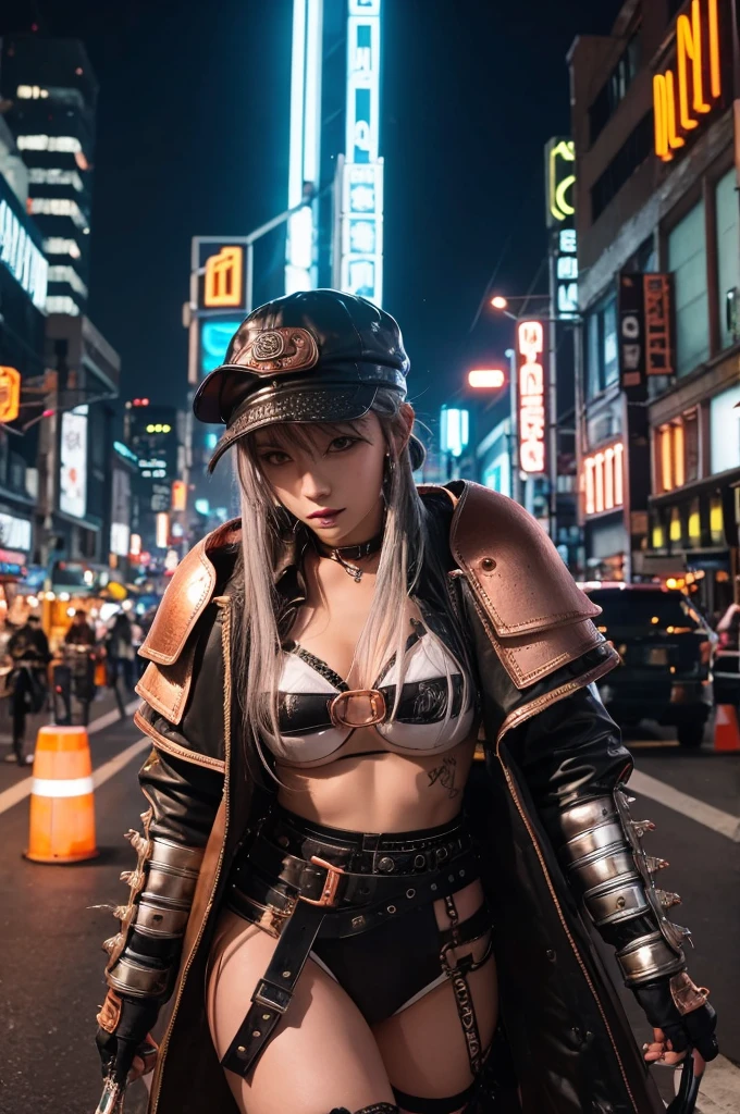 サイバーpunk、woman、wild、black、Erotic、sexy、metal、silvery white、Brown、copper、Armor、hat、goggles、punk、Future、Neon city at night