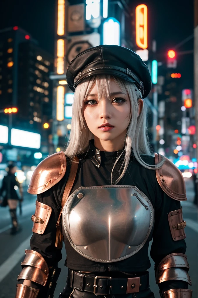 サイバーpunk、woman、wild、black、Erotic、sexy、metal、silvery white、Brown、copper、Armor、hat、goggles、punk、Future、Neon city at night