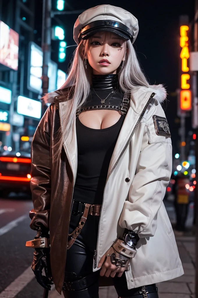 サイバーpunk、woman、wild、black、Erotic、sexy、metal、silvery white、Brown、copper、Armor、hat、goggles、punk、Future、Neon city at night