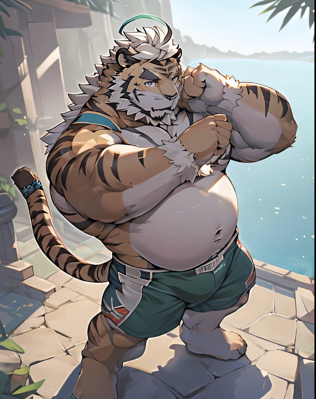 (hombretigre: 1.3), solo, (soft shading), 4k, hi res, ((detailed face, detailed eyes, detailed)), (full body), by zackarry911, by zaush, muscular, muscular male, bara, (plump), pose, gray eyes, male focus, nipples, thighs, stomach, bare pectorals, big belly predomination, athletic body ((correct anatomy: 1.3)), muscle gut, overweight, big belly predomination, high-angle view, by milkytiger1145, by 96panda, cosplaying as a monk, martial arts stance, detailed eyes, detailed face, detailed hands, detailed fists, detailed feet, muscular legs, mountain background, standing in front of trees, training with martial arts, fighting stance, fierce facial expression, smiling, mouth open, sweaty