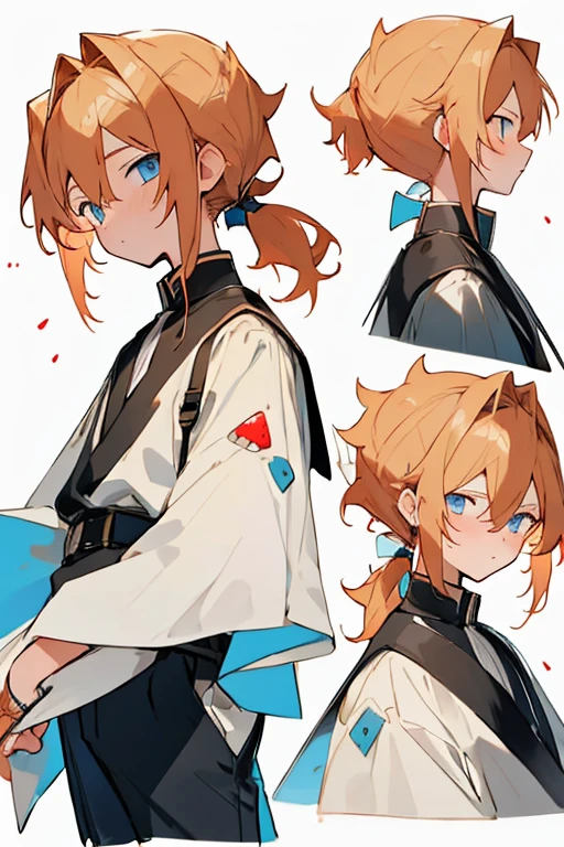 ((best quality)), ((masterpiece)), (detailed), perfect face,a , strawberry blonde hair, short ponytail hair, white dress shirt, black school trousers, sky blue eyes, shota, architect