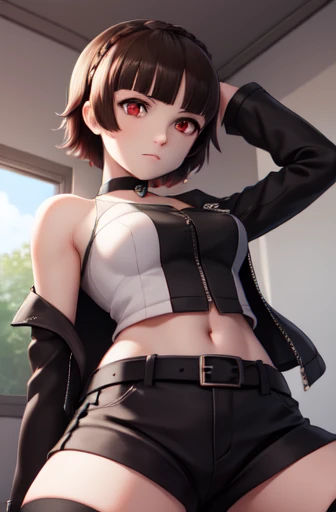 makotonijima, makoto nijima, blunt bangs, braid, brown hair, crown braid, (red eyes:1.3), short hair, BREAK (black choker, off shoulder, cropped jacket, white jacket, long sleeves, midriff, belt, black shorts, short shorts, single thighhigh, fishnets:1.2) BREAK looking at viewer, spread legs, ((from below)), arms behind head, BREAK indoors, classroom, BREAK (masterpiece:1.2), best quality, high resolution, (extremely detailed CG unity 8k wallpaper), (masterpiece), (best quality), (ultra-detailed), (best illustration), (best shadow), (absurdres), (perfect hands, perfect anatomy),