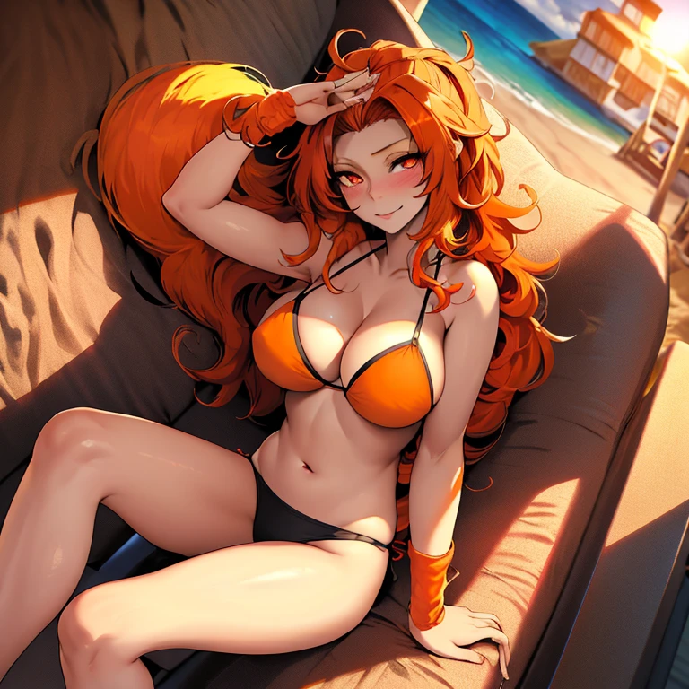 MLPDAZZLE, from above, lie on back, looking up at viewer, spikes, (bikini, sun, glowing red eyes, Orange hair, summer, beach, sea, :1.4), Smile, blush, thin body, Thin leg, (Best Quality,4k,8K,high resolucion,Masterpiece:1.2),Ultra-detailed,realisitic:1.37,Vivid colors,studio lit, Huge hair, Abundant hair, ldisheveled hair, Messy hair