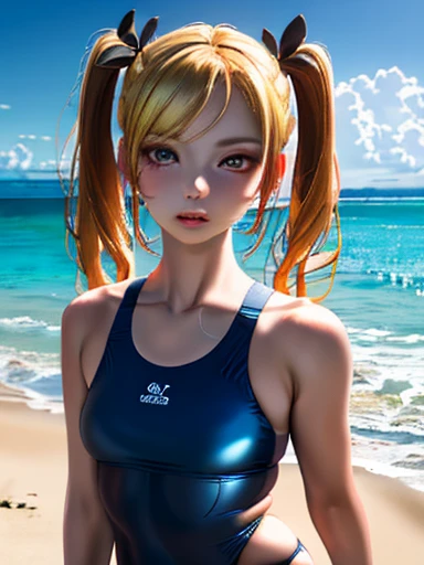 A beautiful girl in a yellow swimsuit, standing alone on a sandy beach, her long blonde hair tied in twin tails, (best quality,4k,8k,highres,masterpiece:1.2),ultra-detailed,(realistic,photorealistic,photo-realistic:1.37),detailed face and eyes,detailed hair, beach scenery, golden hour lighting, vivid colors, serene atmosphere