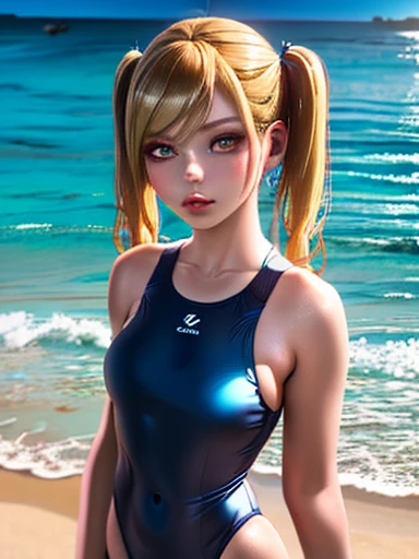 A beautiful girl in a yellow swimsuit, standing alone on a sandy beach, her long blonde hair tied in twin tails, (best quality,4k,8k,highres,masterpiece:1.2),ultra-detailed,(realistic,photorealistic,photo-realistic:1.37),detailed face and eyes,detailed hair, beach scenery, golden hour lighting, vivid colors, serene atmosphere