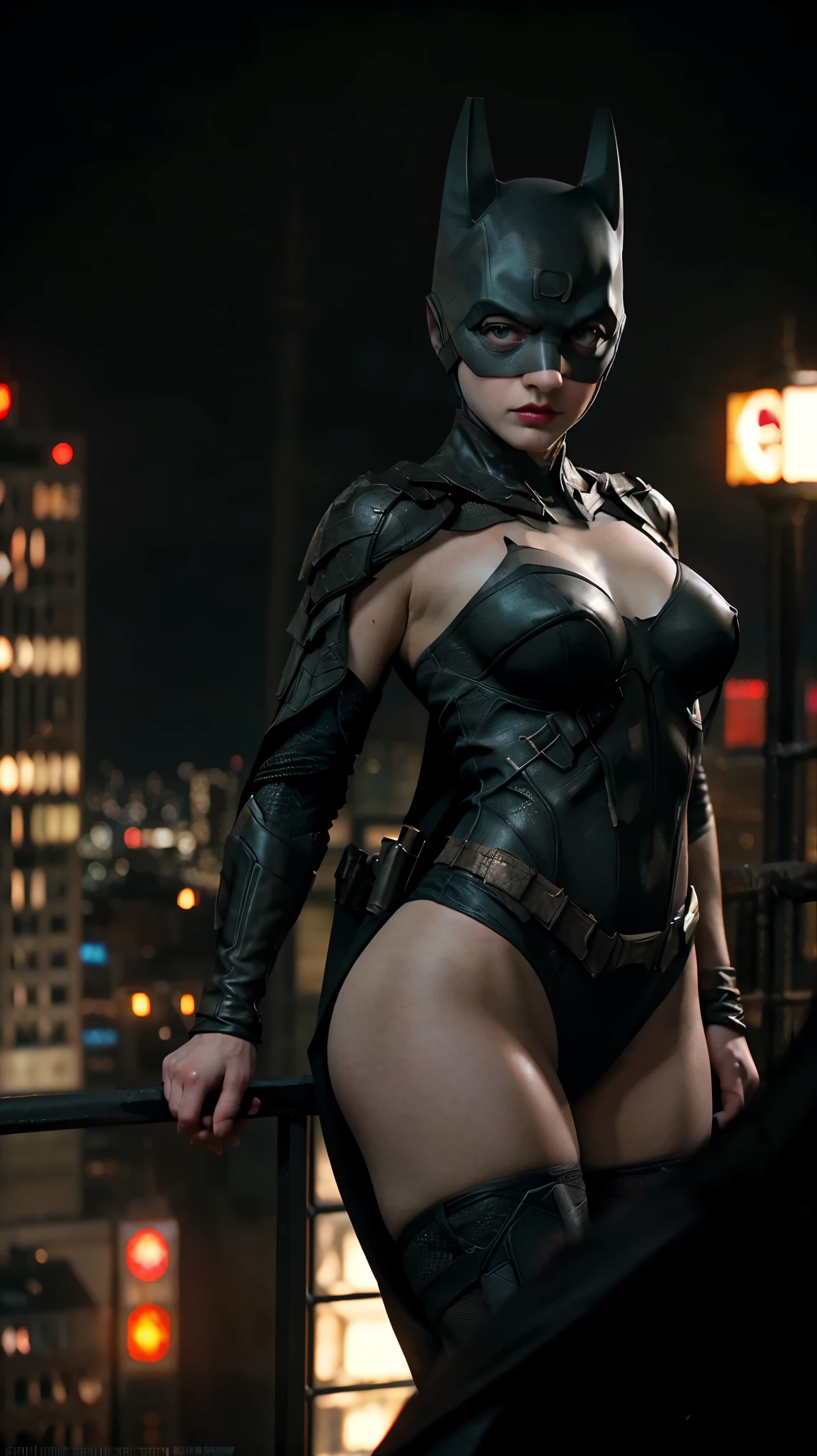 ((masterpiece, highest quality, High resolution, Realistic, to be born, 8k wallpaper)),Standing in a bikini, (Standing in Honor shot),Facing the camera in a threatening pose, Very hot and sexy, Amazing beauty, Perfect balance, Beautiful body, Slim body beauty: 1.4), Batman standing on a rooftop overlooking the city skyline at night, Gotham city background, nighttime in Gotham city, Gotham city, From the movie Batman, Gotham city double exposure, Gotham city style, Batman film still, metropolis filmic Gotham city, Cyberpunk Batman, Batman movie stills, Batman movie still cinematic, Gotham setting, Batman, Gotham,