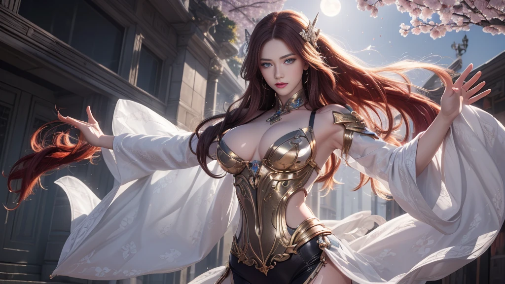 (logo, masterpiece, 8k, Tabletop, RAW Photos, wonderful, 最high quality, Photorealistic and hVery detailed CG integrated 8k wallpaper, high quality, Very detailed, Narrative poem, Particle Effects, Dynamic Effects, Written boundary depth, Cinematic Light, Lens flare, Ray Tracing, cloud,colorful)), Fantasy, ((1. Beautiful Women, Clear blue eyes, Red long hair, Beautiful Face, True Face, Beautiful fine details, Beautiful Skin, Graceful dancing woman:1.7, Graceful dancing woman:1.7)), 長い髪がWindでなびく, Long hair bounces, 長い髪がWindで踊る, Hair bounces, Halter neck, Plug Suit, Red leather pants, Red leather jacket, Red bodysuit, Silver earrings, ((night, Wind, darkness, Moonlight, full moon, night空, Wind, cherry blossoms, cherry blossomsの花びらが舞っている, cherry blossoms吹雪, Falling petals, 舞いFalling petals)),  Hip Up, robot, mecha musume,An intricate mechanical body suit, My corset, Full Armor