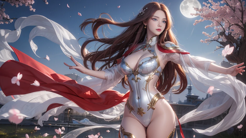 (logo, masterpiece, 8k, Tabletop, RAW Photos, wonderful, 最high quality, Photorealistic and hVery detailed CG integrated 8k wallpaper, high quality, Very detailed, Narrative poem, Particle Effects, Dynamic Effects, Written boundary depth, Cinematic Light, Lens flare, Ray Tracing, cloud,colorful)), Fantasy, ((1. Beautiful Women, Clear blue eyes, Red long hair, Beautiful Face, True Face, Beautiful fine details, Beautiful Skin, Graceful dancing woman:1.7, Graceful dancing woman:1.7)), 長い髪がWindでなびく, Long hair bounces, 長い髪がWindで踊る, Hair bounces, Halter neck, Plug Suit, Red leather pants, Red leather jacket, Red bodysuit, Silver earrings, ((night, Wind, darkness, Moonlight, full moon, night空, Wind, cherry blossoms, cherry blossomsの花びらが舞っている, cherry blossoms吹雪, Falling petals, 舞いFalling petals)),  Hip Up, robot, mecha musume,An intricate mechanical body suit, My corset, Full Armor