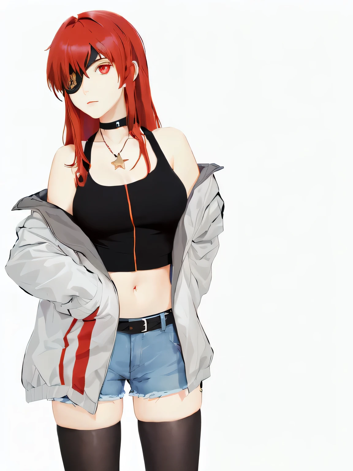 Black Crop Top, Gray Jacket, Denim Shorts, Eye Patch, Necklace, Chokers, Black Belt, Star shape eyepatch, gold eyepatch, (best quality)), ((masterpiece)), (detailed), perfect face, ((eyepatch:1.2)), (long hair:1.4), (red hair, red eyes:1.4), 1girl, solo, hand on waist, medium breasts, cowboy shot, elegance, mature women, black legging