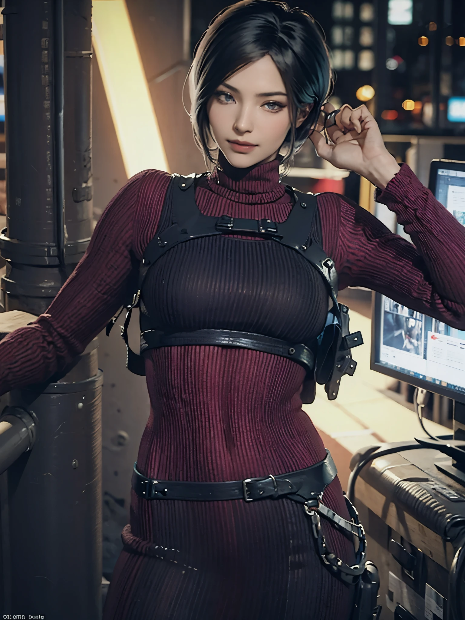 ada,Adawong,22 years old,With a sniper rifle,ulzzang-7000, (Realistic: 1.3) masterpiece, best quality, Beautiful clean face, whole body, Behind the halo, Network Background, Extremely detailed city, Fugitive, Resident Evil 4 RE, 8K, best quality, Super detailed, Science fiction comics, (best quality, masterpiece:1.2), illustration,
