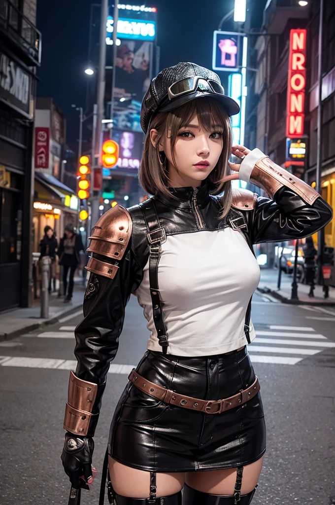 サイバーpunk、woman、wild、black、Erotic、sexy、metal、silvery white、Brown、copper、Armor、hat、goggles、punk、Future、Neon city at night、boots、cold、cool