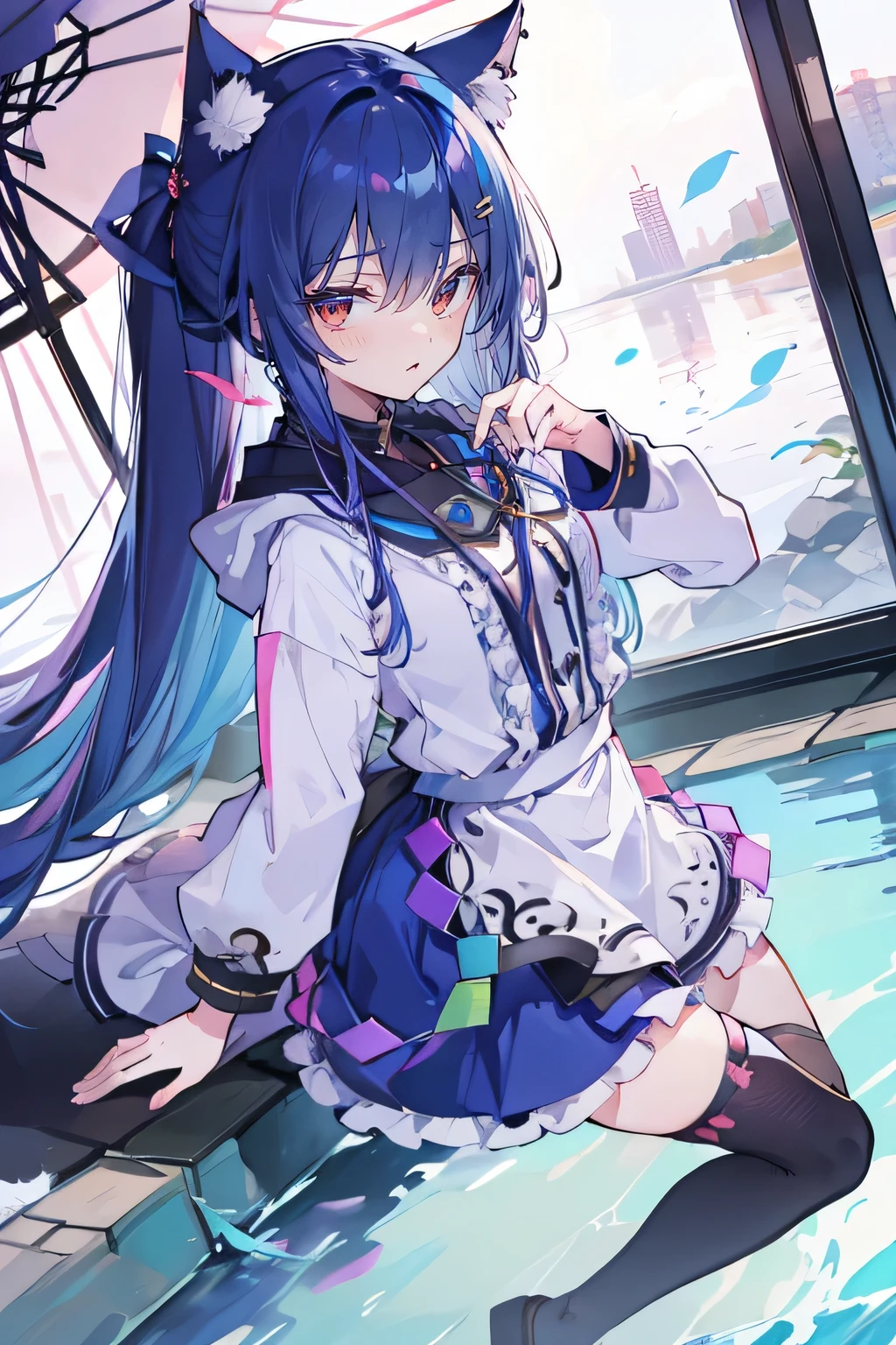 (masterpiece:1.2),Super detailed,lifelike,Expressive eyes,fair skin,perfect face shape,1 girl,
Japanese comics,Gorgeous blue hair,flowing blue hair,flowing clothes,Cat ears,Petals fall,beautiful lola,Baby Angel,
Shaking head with one hand,Cross your legs,Gentle and peaceful background,The pavilion is cool and comfortable,smile, wearing hoodie, background of tokyo,back views,snowing, winter,lie on the water,sunrise.(best quality:1.3), (masterpiece:1.3), (illustration:1.3), (ultra-detailed:1.3), (imid shot:0.9), 1girl, medium breasts, purple eyes, (((dark blue hair))), hair ornaments, young, outfit-gladiia, long hair, dark blue hair, indoors, black shorts, thigh-highs, low ponytail, expressionless, upper body, close up, coat, skirt,