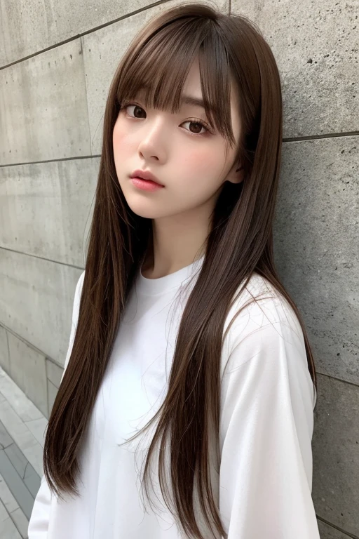 1 girl、Brown Hair、Straight Bangs、Medium Hair、Concrete walls and floors、Transcendental Silence、22 years old、White Fashion、Depth of written boundary、Absurd、Hmph、Ultra-detailed illustrations、Highly detailed face、Raw photo、Film Grain、deviantart Trends