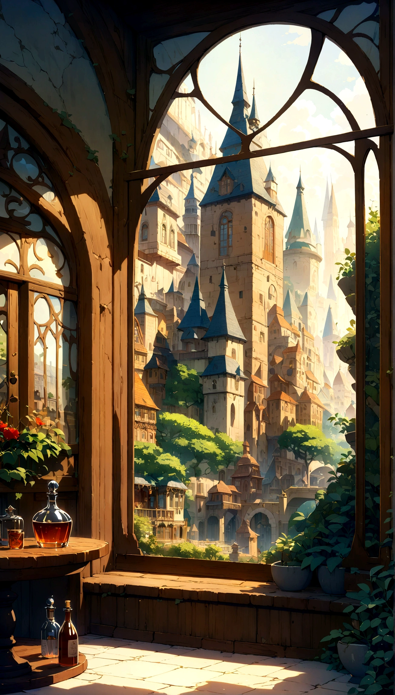 A highly detailed anime-style still art, Ghibli studio style, masterpiece, official art, professional, ((ultra-detailed)), 8k, ((Not show people)),
antastical city contained within a glass bottle. The city should feature intricate buildings with spires and towers, surrounded by lush greenery and tiny bridges. Place the glass bottle on a wooden table, with sunlight streaming through a nearby window, casting magical reflections and highlights on the bottle and the city inside