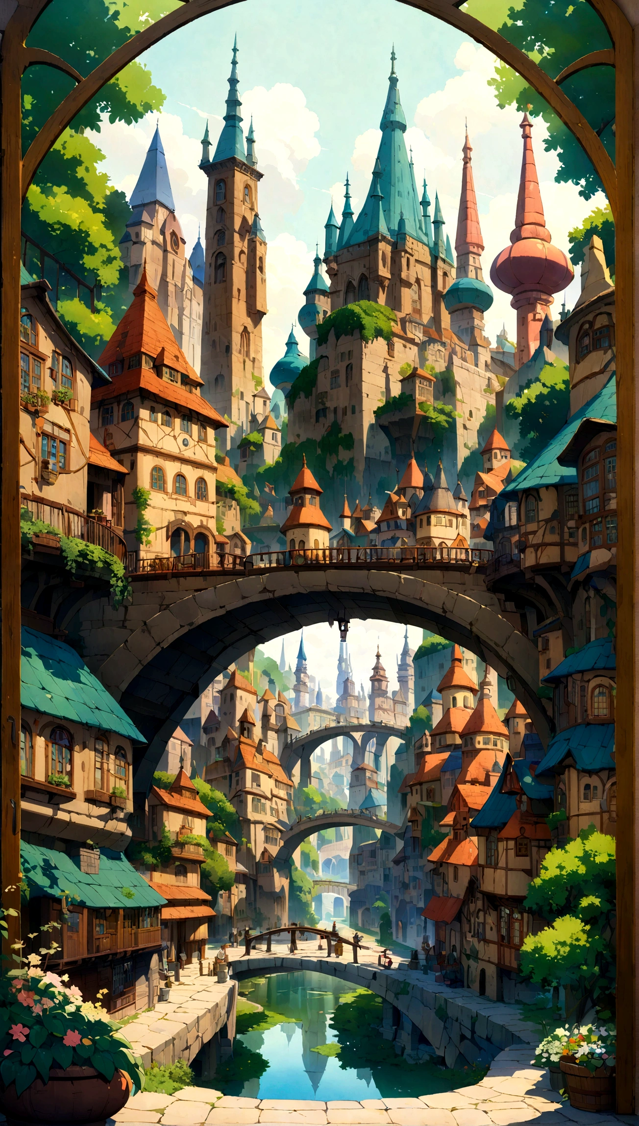 A highly detailed anime-style still art, Ghibli studio style, masterpiece, official art, professional, ((ultra-detailed)), 8k, ((Not show people)),
antastical city contained within a glass bottle. The city should feature intricate buildings with spires and towers, surrounded by lush greenery and tiny bridges. Place the glass bottle on a wooden table, with sunlight streaming through a nearby window, casting magical reflections and highlights on the bottle and the city inside