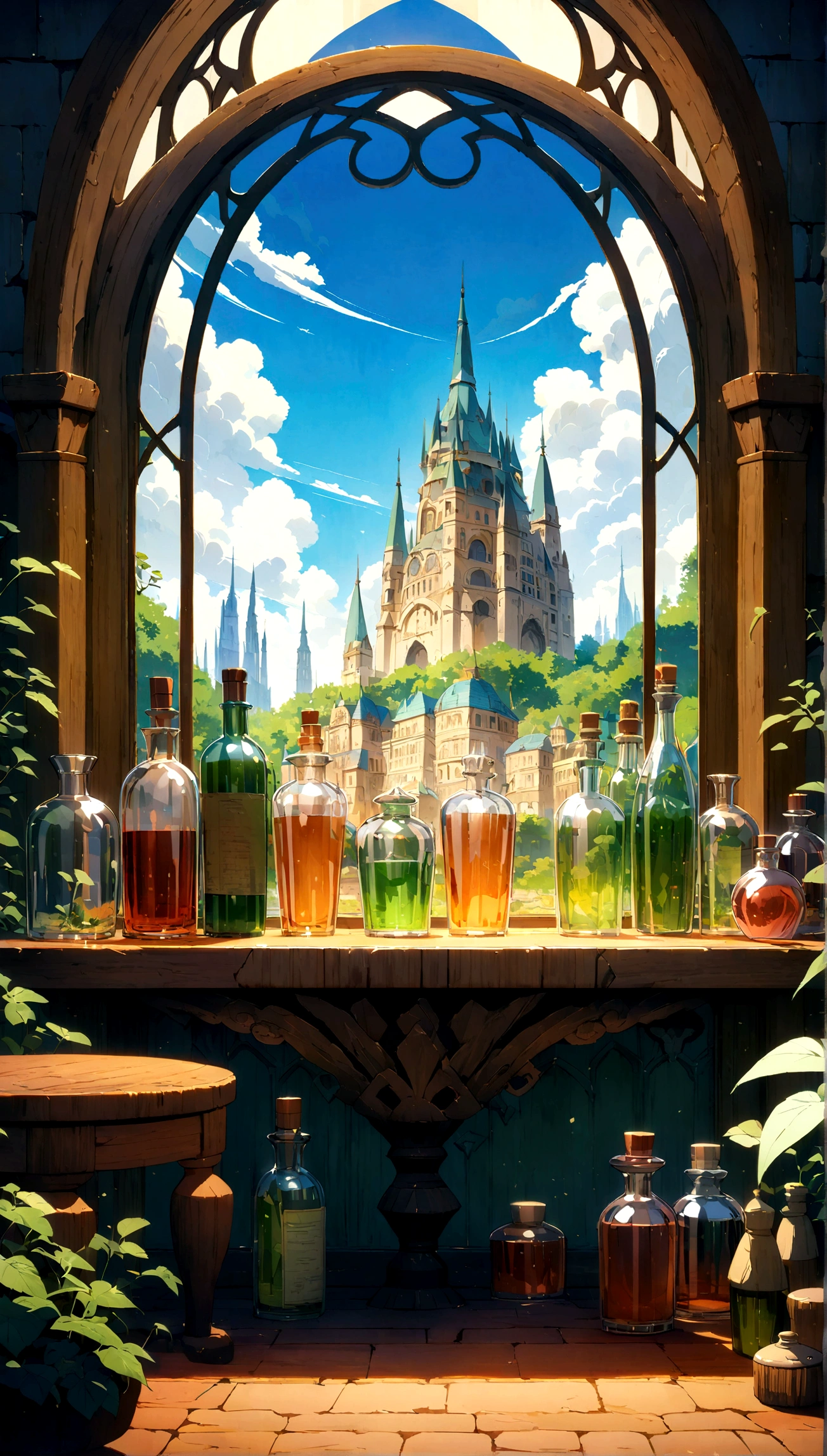 A highly detailed anime-style still art, Ghibli studio style, masterpiece, official art, professional, ((ultra-detailed)), 8k, ((Not show people)),
antastical city contained within a glass bottle. The city should feature intricate buildings with spires and towers, surrounded by lush greenery and tiny bridges. Place the glass bottle on a wooden table, with sunlight streaming through a nearby window, casting magical reflections and highlights on the bottle and the city inside