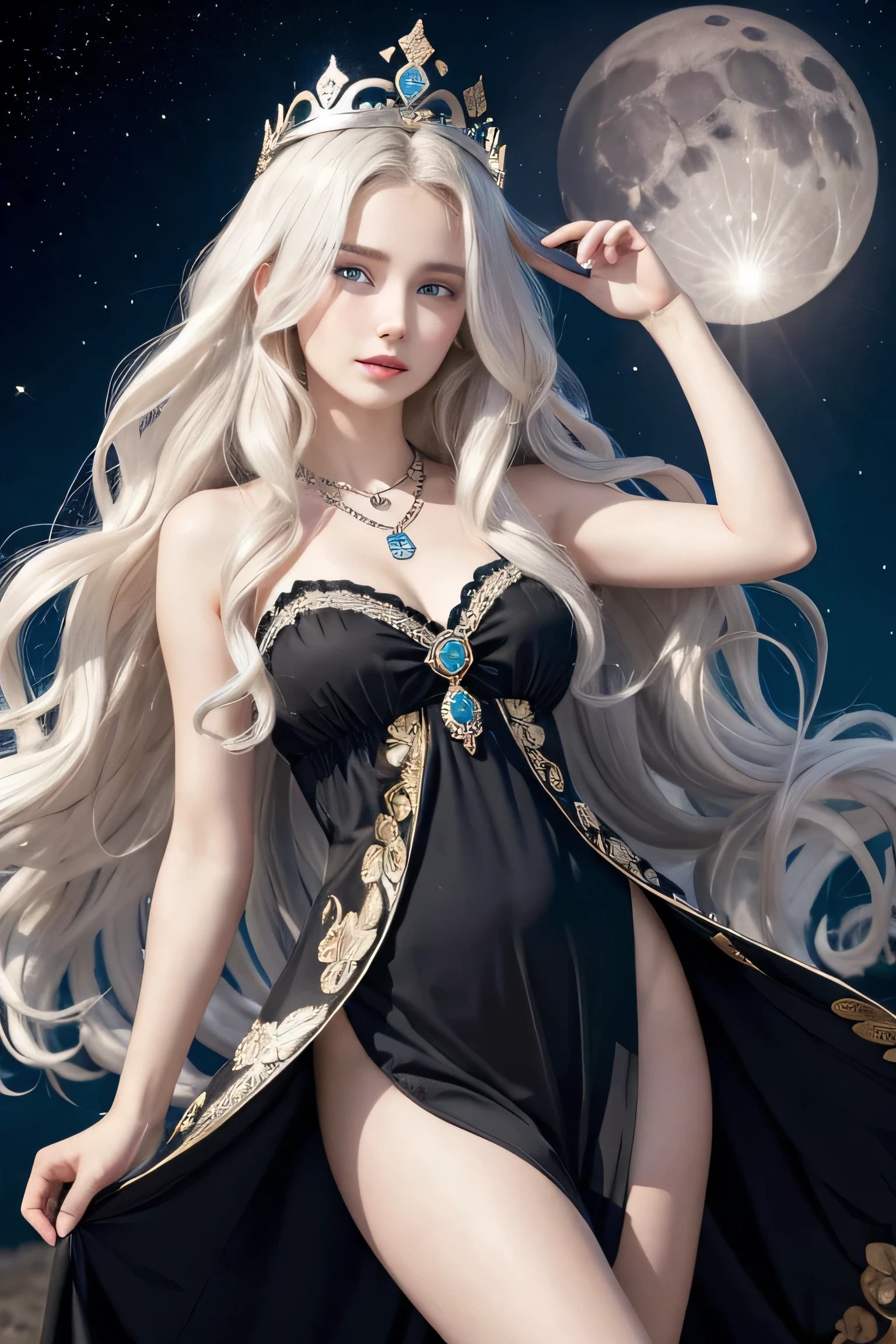 a girl with wavy hair White ,blue eyes , wearing a black dress open in the front and a crown on her head and a necklace with a moon-shaped stone