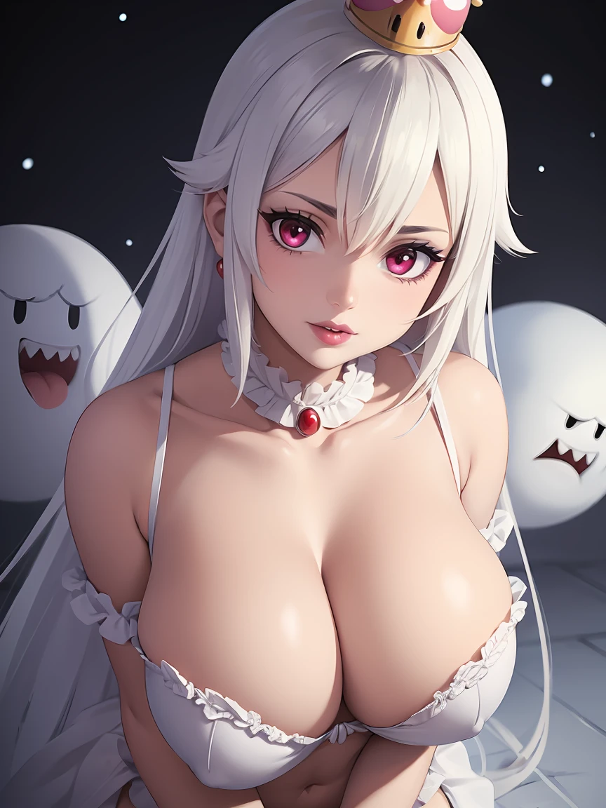 ((high detailed, best quality, 4k, masterpiece, hd:1.3)), ((best quality)), (((HD))), (((8k))), (ultraDH), (ultra HD), Snowy Forest background, snowflake pattern, red eyes, BREAK red eyes, seductive, attractive, smooth anime cg art, 36C breasts, long legs, vivid colors, detailed digital art, slim body, perfect skin, white hair, long hair, light hair, white hair, BREAK crown, cleavage, 36C cleavage, looking at viewer, BREAK looking at viewer, extremely detailed face, earrings, gem, dark white makeup lips, dark gothic eyeshadows, dark eyeshadows, white eyeshadows, white sexy lips, dark lips, very dark lips, (perfect hands, perfect anatomy), white makeup, white medium lips, white thick lips, detailed fingers, five fingers per hand, 5 fingers, (1 girl), detailed lips, detailed white lips, white painted lips, gothic painted lips, BREAK night, night sky, (breast focus), (arms outstreched:1.2), (from above:1.1), (breasts out:1.3), (off shoulder:1.1), (((bra))), (((boos ghosts super mario))),