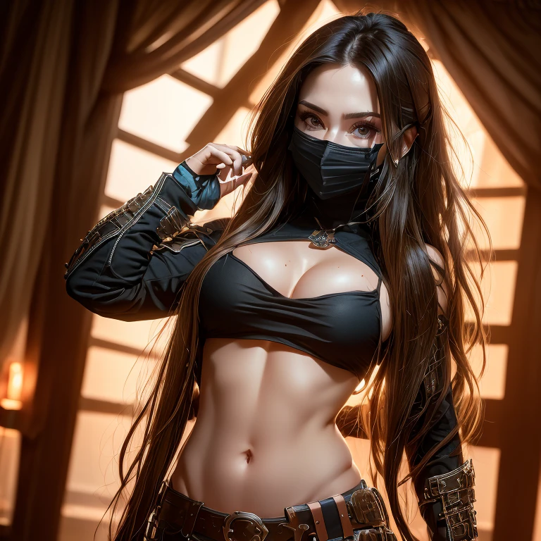 1girl, 3d, breasts, covering, covering breasts, cowboy shot, lips, long hair, looking at viewer, ((mask)), navel, realistic, solo, standing ((ultra realistic details)), 8k, ultra sharp
