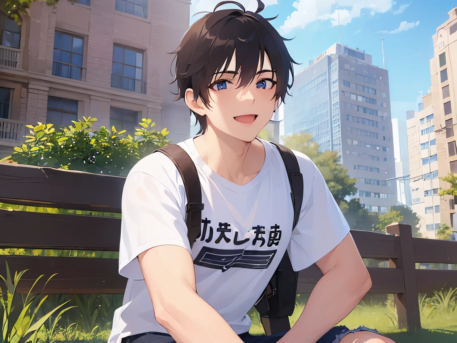 Detailed CG,Ultra-fine illustrations,masterpiece,highest quality,BREAK(28-year-old male:1.5)and(Black Short Hair)and(blue eyes)BREAK,(White T-shirt:1.5)and(jeans),(smile:1.5)and(open mouth),(Guts pose:1.5)and(Biologically correct5Finger)and(missing fingers),In the background is a park bench,alone