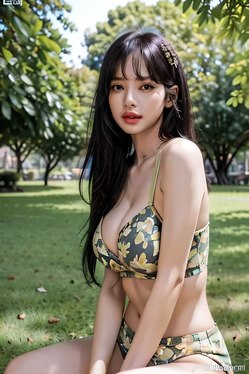 Beautiful, Hot and y woman, gigantic breleavage, lish and design hot and sexy olive colour gerie (printed Design), sitting in park alone (afternoon time), standing & model pose, beautiful body, masterpiece, ultra realistic,detailed, 16 k , Film type light, potrait photography, camera angle front, looking at viewer