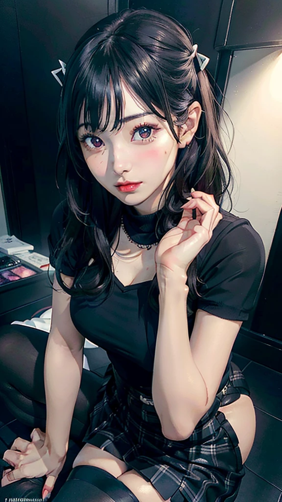 Full body image, Persona 4 Yumi Ozawa, black medium hair, narrow face, Narrow Eyes, Double eyelids, Wearing a black plaid skirt, black shirt, black shoes, white knee high stockings, Looking at Viewer, (Detailed Face), sitting (sitting 1.4), Bust, Long Legs, Thin Waist, Buttocks, Ultra Fine Makeup, ultra fine clothes, beautiful attractive woman, highly detailed, (Realistic lighting, Top Quality, 8K, Masterpiece: 1.3)),(High Resolution), (8K), (Very Detailed), (Best Quality), (Ultra Detailed), (Masterpiece), ultra high resolution, (photorealism: 1.4)