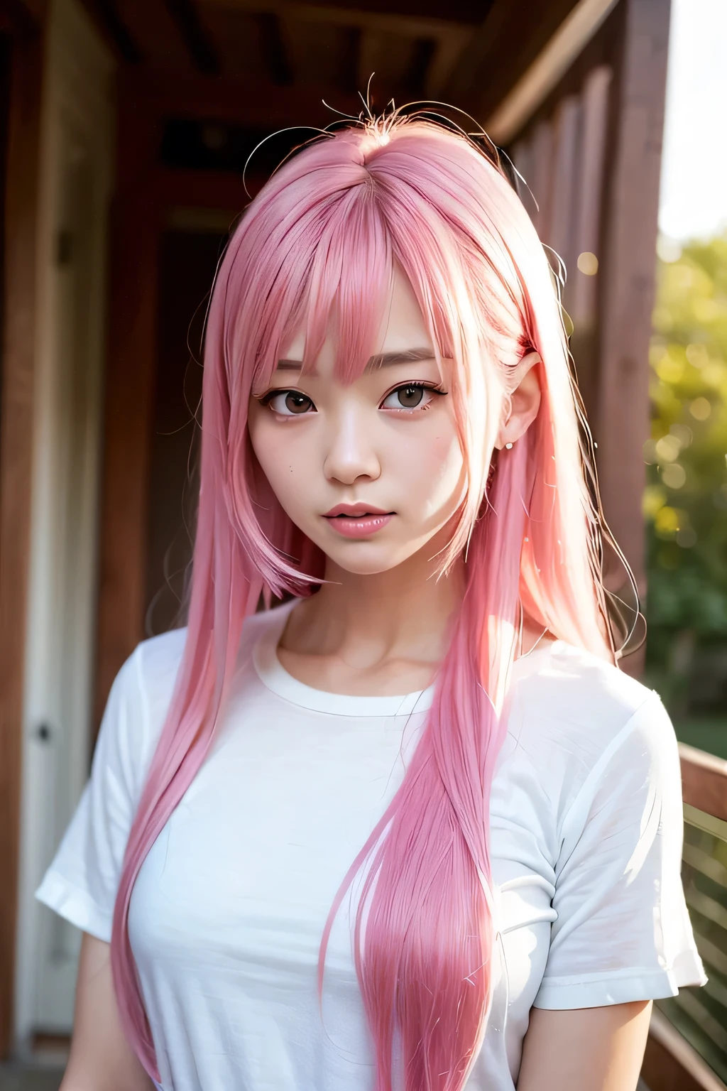 a woman with pink hair wearing a white 
plaid shirt, anime girl in real life, long pink hair, long light pink hair, ulzzang, female anime character, beautiful female android!, beautiful female android, pastel light pink very long hair, realistic young anime girl, anime girl with long hair, long spiky pink hair, beautiful woman with long hair, pink straight hair, black tie, korean girl